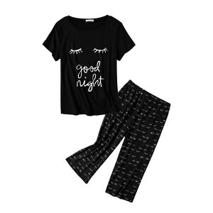 �G�R�A�[ ���f�B�[�X �A���_�[�E�F�A �i�C�g�E�F�A �v�����g �p���c �L���b�v Ekouaer Women Pajama Set with Capri Pants Ultra Soft Lightweight Fun Prints Cozy Sleepwear Black Print �u���b�N