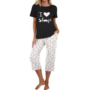 �G�R�A�[ ���f�B�[�X �A���_�[�E�F�A �i�C�g�E�F�A �v�����g �p���c �L���b�v Ekouaer Women Pajama Set with Capri Pants Ultra Soft Lightweight Fun Prints Cozy Sleepwear Black Star �u���b�N