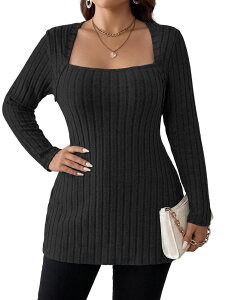 �t�@���W�����C ���f�B�[�X �A�E�^�[ �j�b�g�E�Z�[�^�[ FUNJULY Women'square Neck Long Sleeve Pullover Sweater Lightweight Black �u���b�N