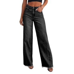 �R�W���C�� ���f�B�[�X �{�g���X �f�j���p���c ���C�h���b�O �W�[���Y Kojooin Women's Wide Leg Jeanstraight Raw Hem Denim Pants Black �u���b�N
