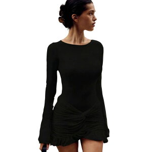 �R�W���C�� ���f�B�[�X �g�b�v�X �����s�[�X �v���[�c �~�j Kojooin Women's Long Sleeve Pleated Bodycon Mini Dress Elegant Party Dress Black �u���b�N
