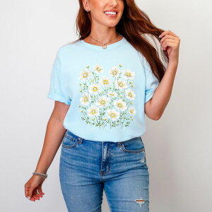 Simply Sage Market ���f�B�[�X �g�b�v�X T�V���c �O���t�B�b�N Simply Sage Market Watercolor Daisies - Women's Garment Dyed Graphic T-Shirt Chambray
