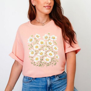 Simply Sage Market ���f�B�[�X �g�b�v�X T�V���c �O���t�B�b�N Simply Sage Market Watercolor Daisies - Women's Garment Dyed Graphic T-Shirt Peachy