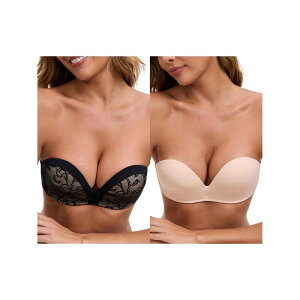 �C���X�p�C�A �V�b�N ���f�B�[�X �A���_�[�E�F�A �u���W���[ �X�g���b�v���X ���[�X INSPIRE CHIC 2 Packs Women's Deep V Strapless Wireless Demi Bandeau Lace Thin Top Thick Bottom Push-Up Tube Bra Beige Black Lace �u���b�N
