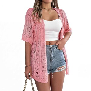 �G���[�g�`���C�X ���f�B�[�X �A�E�^�[ �j�b�g�E�Z�[�^�[ �J�[�f�B�K�� Elitechoice Women'short Sleeve Open Knit Cardigan Hollow Out Beach Cover Upink �s���N