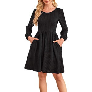 �R�W���C�� ���f�B�[�X �g�b�v�X �����s�[�X Kojooin Women Dresses Fashion Solid Color Elegantexture Casual with Long Sleeve Round Neck Flowy Dress Black �u���b�N