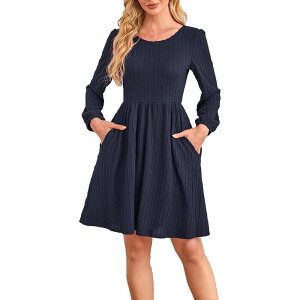 �R�W���C�� ���f�B�[�X �g�b�v�X �����s�[�X Kojooin Women Dresses Fashion Solid Color Elegantexture Casual with Long Sleeve Round Neck Flowy Dress Dark Blue �u���[