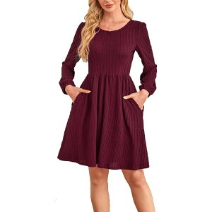 �R�W���C�� ���f�B�[�X �g�b�v�X �����s�[�X Kojooin Women Dresses Fashion Solid Color Elegantexture Casual with Long Sleeve Round Neck Flowy Dress Wine Red ���b�h