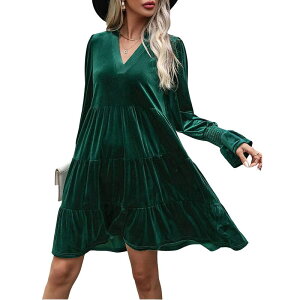 �R�W���C�� ���f�B�[�X �g�b�v�X �����s�[�X V�l�b�N A ���C�� �~�j �x���x�b�g Kojooin Women �f s Elegant Velvet Long Sleeve Dress V Neck A Line Babydoll Flowy Wedding Party Mini Dress Dark Green �O���[��