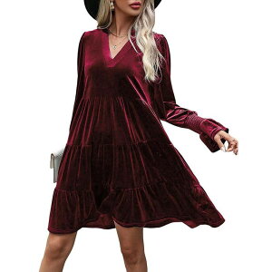 �R�W���C�� ���f�B�[�X �g�b�v�X �����s�[�X V�l�b�N A ���C�� �~�j �x���x�b�g Kojooin Women �f s Elegant Velvet Long Sleeve Dress V Neck A Line Babydoll Flowy Wedding Party Mini Dress Wine Red ���b�h