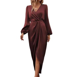 �R�W���C�� ���f�B�[�X �g�b�v�X �����s�[�X �M���U�[ �~�f�B �T�e�� Kojooin Women Wrap Satin Midi Dressplit Hem Ruched Formal Clothing Burgundy �o�[�K���f�B