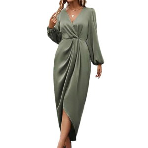 �R�W���C�� ���f�B�[�X �g�b�v�X �����s�[�X �M���U�[ �~�f�B �T�e�� Kojooin Women Wrap Satin Midi Dressplit Hem Ruched Formal Clothin green �O���[��