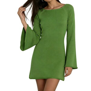 �N���A�t�����[ ���f�B�[�X �g�b�v�X �����s�[�X �I�[�v���o�b�N ���u �~�j�b�g ClearFlower Women's Boat Neck Bell Sleeve Open Back Ribbed Knit Mini Dress - Casual Stretchy Fall Winter Dress Green �O���[��