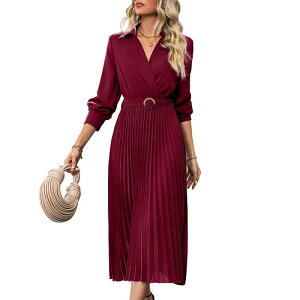 �R�W���C�� ���f�B�[�X �g�b�v�X �����s�[�X V�l�b�N A ���C�� �~�f�B Kojooin Women's Long Sleeve Wrap V-Neck A-Line Midi Dress with Belt Wine Red ���b�h
