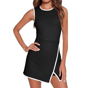 �R�W���C�� ���f�B�[�X �g�b�v�X �����s�[�X �~�j �m�[�X���[�u Kojooin Women's Color Trim Sleeveless Bodycon Dress Round Neck Wrap Hemini Dress Black �u���b�N