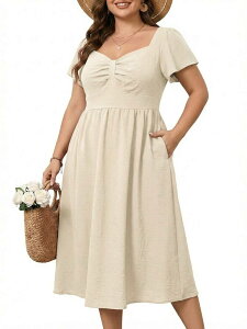 �t�@���W�����C ���f�B�[�X �g�b�v�X �����s�[�X �v���X�T�C�Y �}�L�V FUNJULY Plusize Maxi Dressweetheart Neckline Design Short Sleeve Dress Beige �x�[�W��