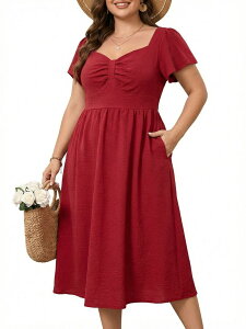 �t�@���W�����C ���f�B�[�X �g�b�v�X �����s�[�X �v���X�T�C�Y �}�L�V FUNJULY Plusize Maxi Dressweetheart Neckline Design Short Sleeve Dress Burgundy �o�[�K���f�B