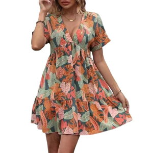 �R�W���C�� ���f�B�[�X �g�b�v�X �����s�[�X V�l�b�N �v���[�c �~�f�B Kojooin Women'short sleeve Solidress V-Neck Loose Pleated Simple Midi Dresses Orange �I�����W
