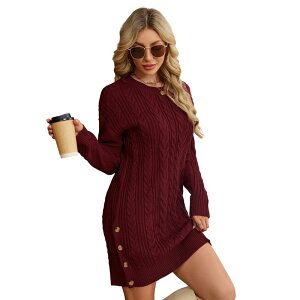 �R�W���C�� ���f�B�[�X �g�b�v�X �����s�[�X ���u �Z�[�^�[ �j�b�g Kojooin Women Side Buttons Ribbed Knit Sweater Dresses Deep Red ���b�h