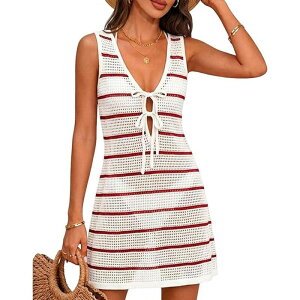 �R�W���C�� ���f�B�[�X �g�b�v�X �����s�[�X �~�j �m�[�X���[�u �j�b�g Kojooin Women Crochet Swimsuit Cover Up Striped Sleeveless Knit Mini Dressummer Bathing Suit Coverup Dress White And Red �z���C�g