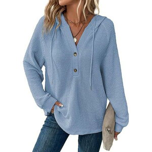 �R�W���C�� ���f�B�[�X �g�b�v�X T�V���c �X�E�F�b�g Kojooin Women Button Collar Drawstring Hooded Pullover Sweatshirt Blue �u���[