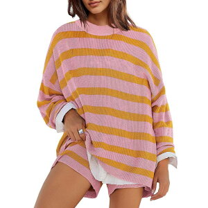 �R�W���C�� ���f�B�[�X �g�b�v�X T�V���c �X�E�F�b�g Kojooin Women Oversized Striped Sweatshirt Long Sleeve Pullover Tops Orange Pink �s���N