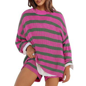 �R�W���C�� ���f�B�[�X �g�b�v�X T�V���c �X�E�F�b�g Kojooin Women Oversized Striped Sweatshirt Long Sleeve Pullover Tops Rose Red ���b�h