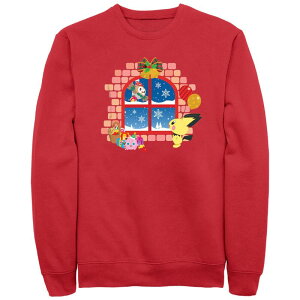 �A�j���L�����N�^�[ �����Y �g�b�v�X T�V���c �t���[�X Licensed Character Men's Pokemon Winter Window Scene Fleece Red ���b�h