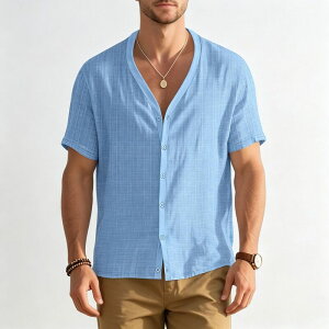 �R�W���C�� �����Y �g�b�v�X T�V���c V�l�b�N �{�^���_�E�� �j�b�g Kojooin Men's Knit Short Sleeve V Neck Button Down Shirt Plaid Casual Daily Top Sky Blue �u���[