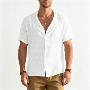 �R�W���C�� �����Y �g�b�v�X T�V���c V�l�b�N �{�^���_�E�� �j�b�g Kojooin Men's Knit Short Sleeve V Neck Button Down Shirt Plaid Casual Daily Top White �z���C�g
