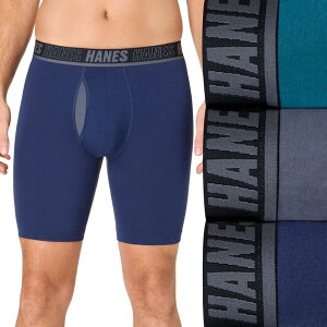 �w�C���Y �����Y �A���_�[�E�F�A �{�N�T�[�p���c �R�b�g�� Men's Hanes Ultimate 3-Pack Moves X-TEMP Cotton Stretch Long Leg Boxer Brief Underwear with Total Support Pouch Blk Gry Teal �e�B�[��