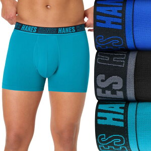 �w�C���Y �����Y �A���_�[�E�F�A �{�N�T�[�p���c ���b�V�� Men's Hanes Ultimate 3-Pack Moves X-TEMP Breathable Meshort Leg Boxer Brief Underwear with Total Support Pouch Black Blue �u���b�N