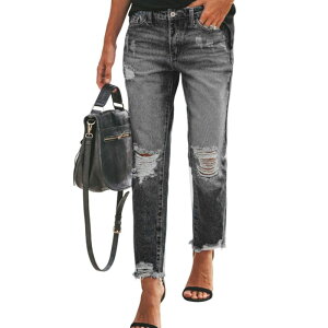 �R�W���C�� ���f�B�[�X �{�g���X �f�j���p���c �X�g���[�g �n�C�E�G�X�g �W�[���Y Kojooin Women's High Waist Distressed Straight Leg Jeans Ripped Raw Hem Casual Denim Pants Black �u���b�N