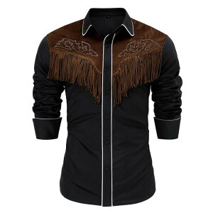 �N���A�t�����[ �����Y �g�b�v�X T�V���c ���B���e�[�W �X�G�[�h �t�����W ClearFlower Men's Distressed Suede Patch Shirt Roll-Up Sleeve Fringe Detail Vintage Festival Top Black �u���b�N