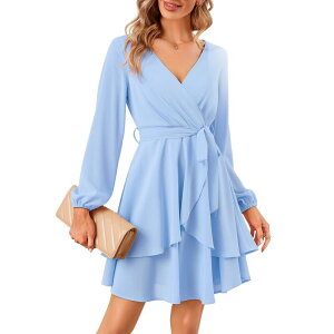 �R�W���C�� ���f�B�[�X �g�b�v�X �����s�[�X V�l�b�N �t���� �~�j Kojooin Womenskater Dresses V Neck Short Sleeve Tie Waist Solid Ruffle Boho Flowy Swing Mini Dress Blue �u���[