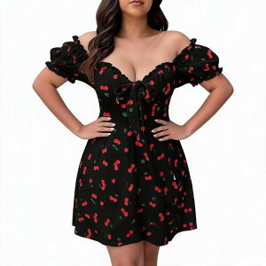 �R�W���C�� ���f�B�[�X �g�b�v�X �����s�[�X A ���C�� �v�����g �~�j Kojooin Women OffShoulder Cherry Print Short Puff Sleeve ALine Mini Dress Black �u���b�N