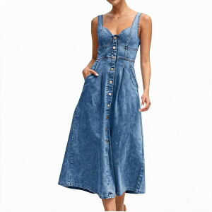 �t�@���W�����C ���f�B�[�X �g�b�v�X �����s�[�X �~�f�B �m�[�X���[�u �f�j�� FUNJULY Women'sleevelessweetheart Neck Denimidi Dress with Button Front and Pockets Dark Blue �u���[