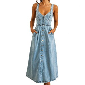 �t�@���W�����C ���f�B�[�X �g�b�v�X �����s�[�X �~�f�B �m�[�X���[�u �f�j�� FUNJULY Women'sleevelessweetheart Neck Denimidi Dress with Button Front and Pockets Light Blue �u���[