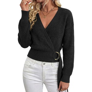 �R�W���C�� ���f�B�[�X �g�b�v�X T�V���c V�l�b�N �X�E�F�b�g �j�b�g KOJOOIN Women's Wrap VNecknit Sweatshirt Metal Buckle Waist Solid Stylish Knitop Black �u���b�N