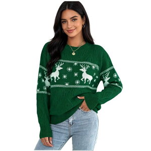 �{�f�B�T�C�Y ���f�B�[�X �g�b�v�X T�V���c �Z�[�^�[ �j�b�g BODDYSIZE Women Christmas Reindeer Cable Knit Sweater Long Sleeve Snowflake Pattern Pullover for Party Green �O���[��