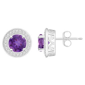 yz Celebration Gems fB[X sAXECO ANZT[ Celebration Gems Sterling Silver Round Gemstone & 1/5 Carat T.W. Diamond Halo Stud Earrings Amethyst