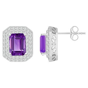 yz Celebration Gems fB[X sAXECO ANZT[ Celebration Gems Sterling Silver Emerald-Cut Amethyst & White Topaz Double Halo Stud Earrings Sterling Silver