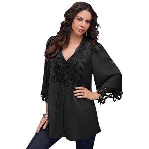 ���A�}���Y ���f�B�[�X �g�b�v�X T�V���c �v���X�T�C�Y ���[�X Roaman's Women's Plusize Juliet Lace Big Shirt Black �u���b�N