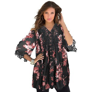 ���A�}���Y ���f�B�[�X �g�b�v�X T�V���c �v���X�T�C�Y ���[�X Roaman's Women's Plusize Juliet Lace Big Shirt Black Watercolor �u���b�N