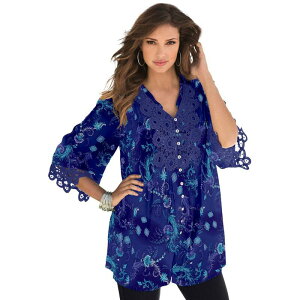���A�}���Y ���f�B�[�X �g�b�v�X T�V���c �v���X�T�C�Y ���[�X Roaman's Women's Plusize Juliet Lace Big Shirt Evening Blue Intricate �u���[