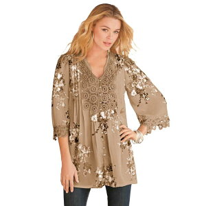 ���A�}���Y ���f�B�[�X �g�b�v�X T�V���c �v���X�T�C�Y ���[�X Roaman's Women's Plusize Juliet Lace Big Shirt New Khaki Watercolor �J�[�L