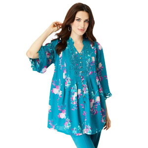 ���A�}���Y ���f�B�[�X �g�b�v�X T�V���c �v���X�T�C�Y ���[�X Roaman's Women's Plusize Juliet Lace Big Shirteal Watercolor �e�B�[��