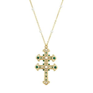 yz 1928 fB[X lbNXE`[J[Ey_ggbv ANZT[ 1928 Gold Tone Simulated Pearl & Simulated Crystal Double Cross Pendant Necklace Green