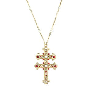 yz 1928 fB[X lbNXE`[J[Ey_ggbv ANZT[ 1928 Gold Tone Simulated Pearl & Simulated Crystal Double Cross Pendant Necklace Red