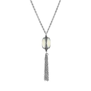 yz 1928 fB[X lbNXE`[J[Ey_ggbv ANZT[ 1928 Silver Tone Simulated Mother of Pearl 3 Sided Spinner Tassel Necklace White
